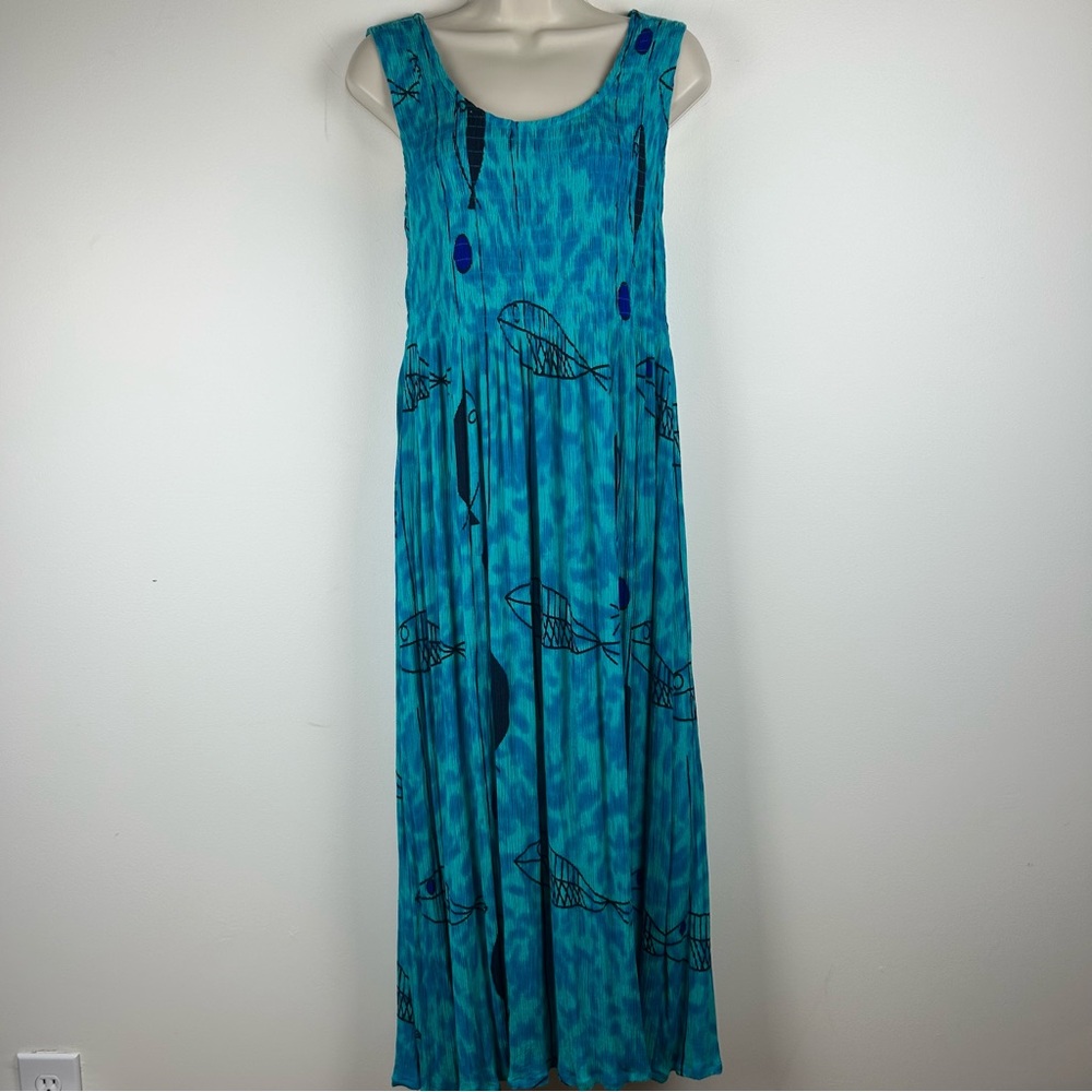 Kaktus Smocked Maxi Fish Print Dress M Beach Boho Vacation Coastal Summer Staple - Picture 3 of 13